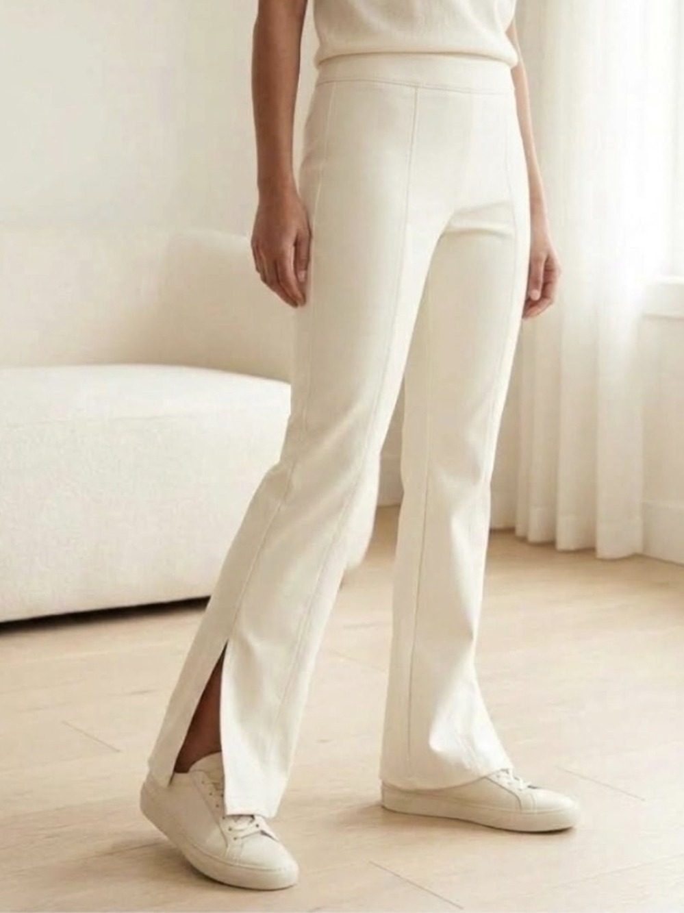 NWT Forever 21 Faux Leather Split Hem Flare Pants - Egret / Off White - Size L